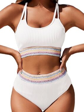 Zuvebamyo High Waisted Ribbed White Bikini